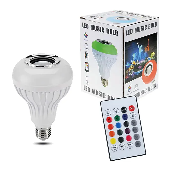 An LED Music Bulb is a 2-in-1 device that combines a multi-color RGB LED light bulb with a built-in Bluetooth speaker. It screws directly into any standard light socket (E27 / B22 base) and requires no extra wiring.
