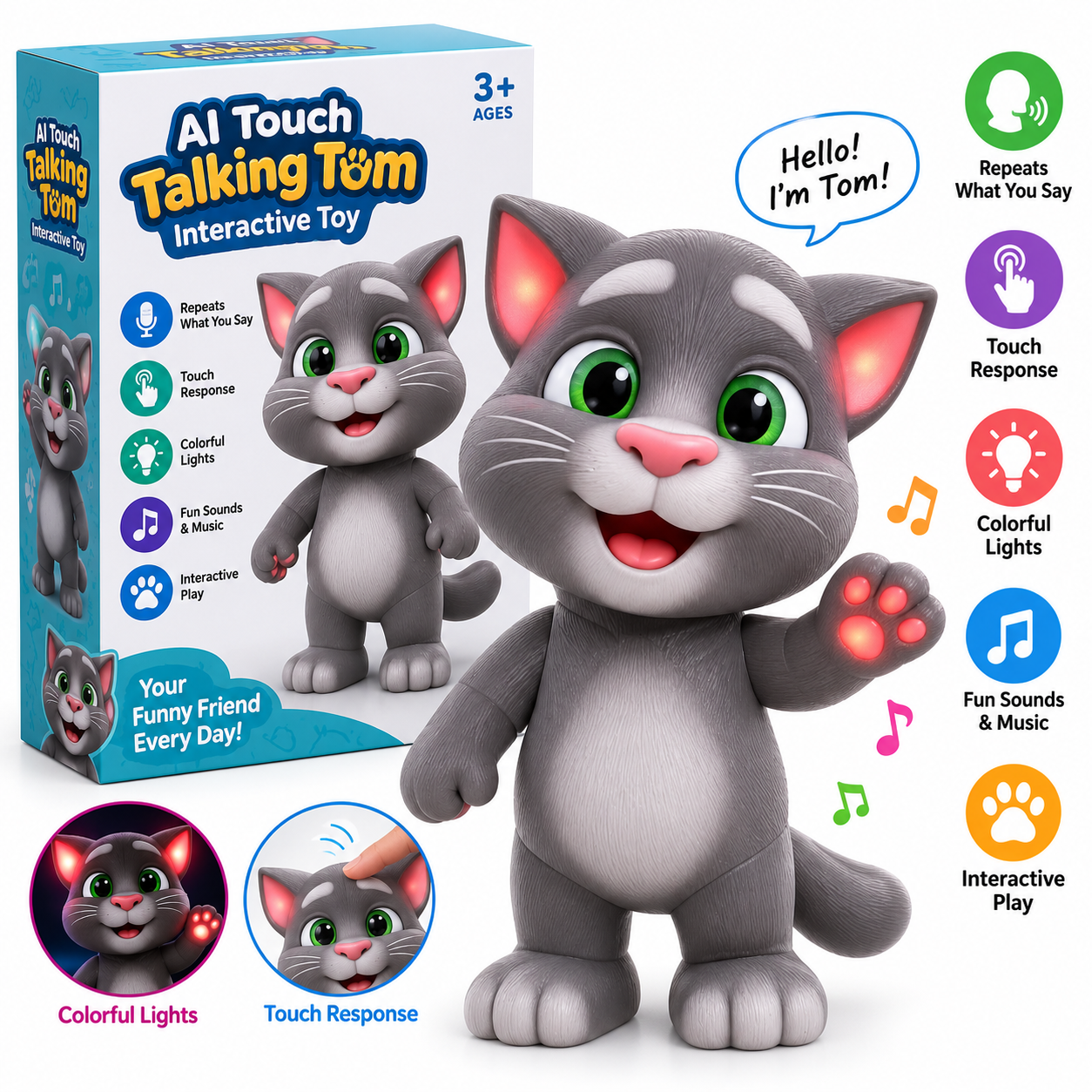 AI Touch Talking Tom Cat Interactive Toy with Lights & Sound